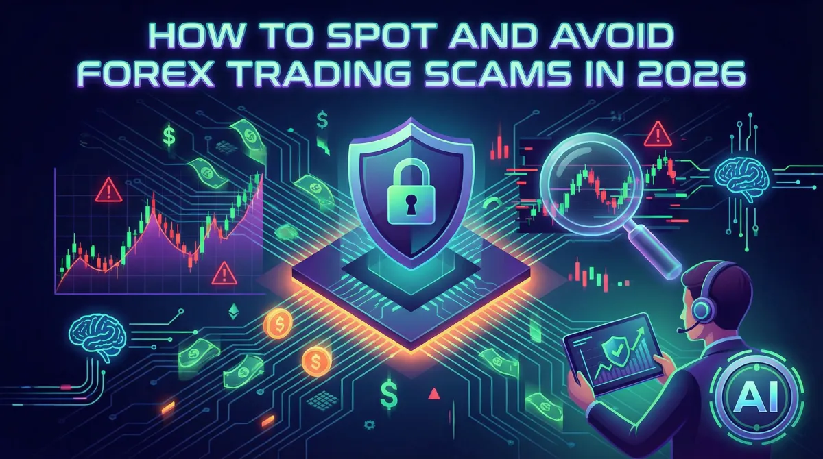 A hooded figure in front of a computer with trading charts, representing a forex scammer.