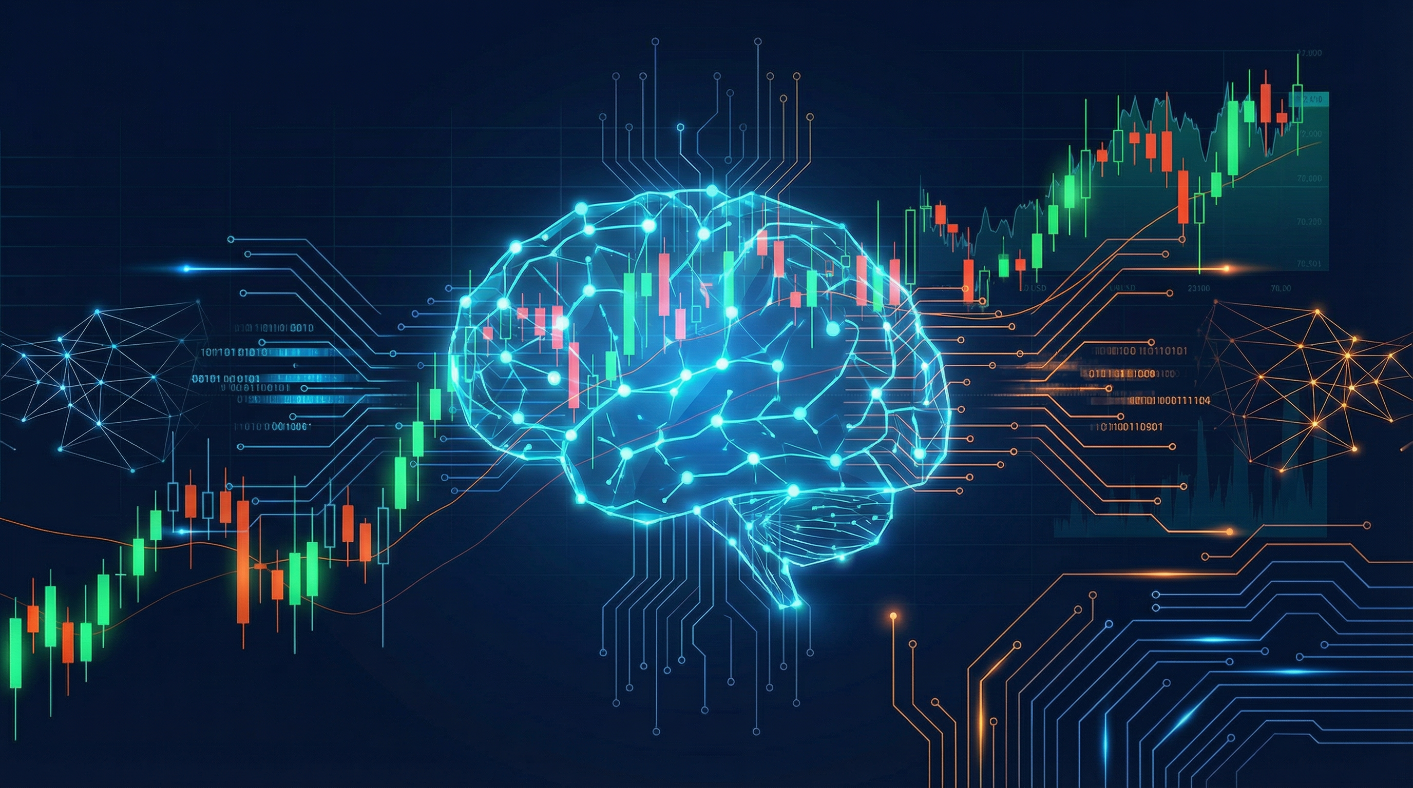 A glowing neural network overlaying a forex trading chart, representing machine learning in finance.