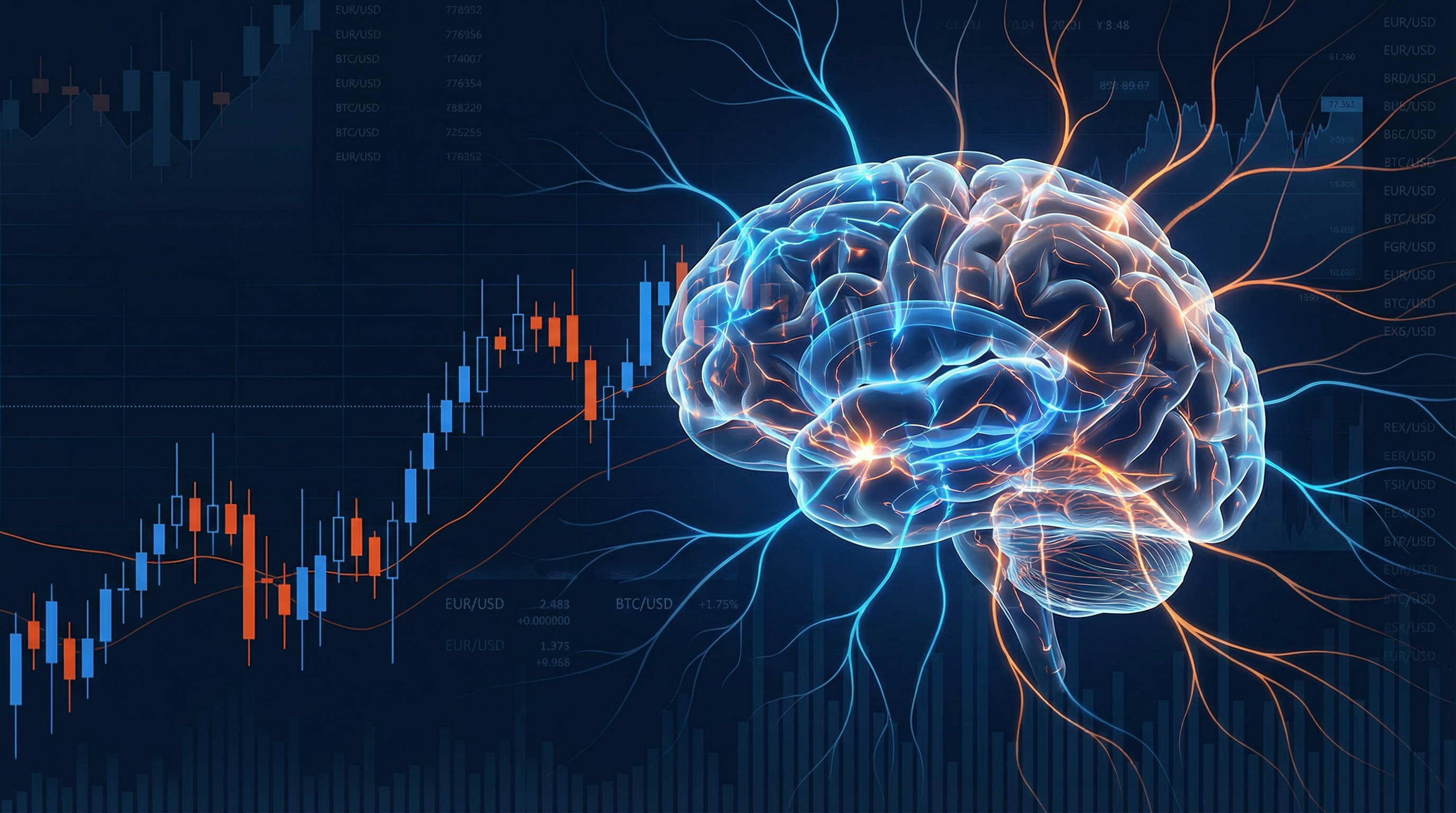 A human brain with glowing neural pathways connected to a trading chart, representing the psychology of trading.