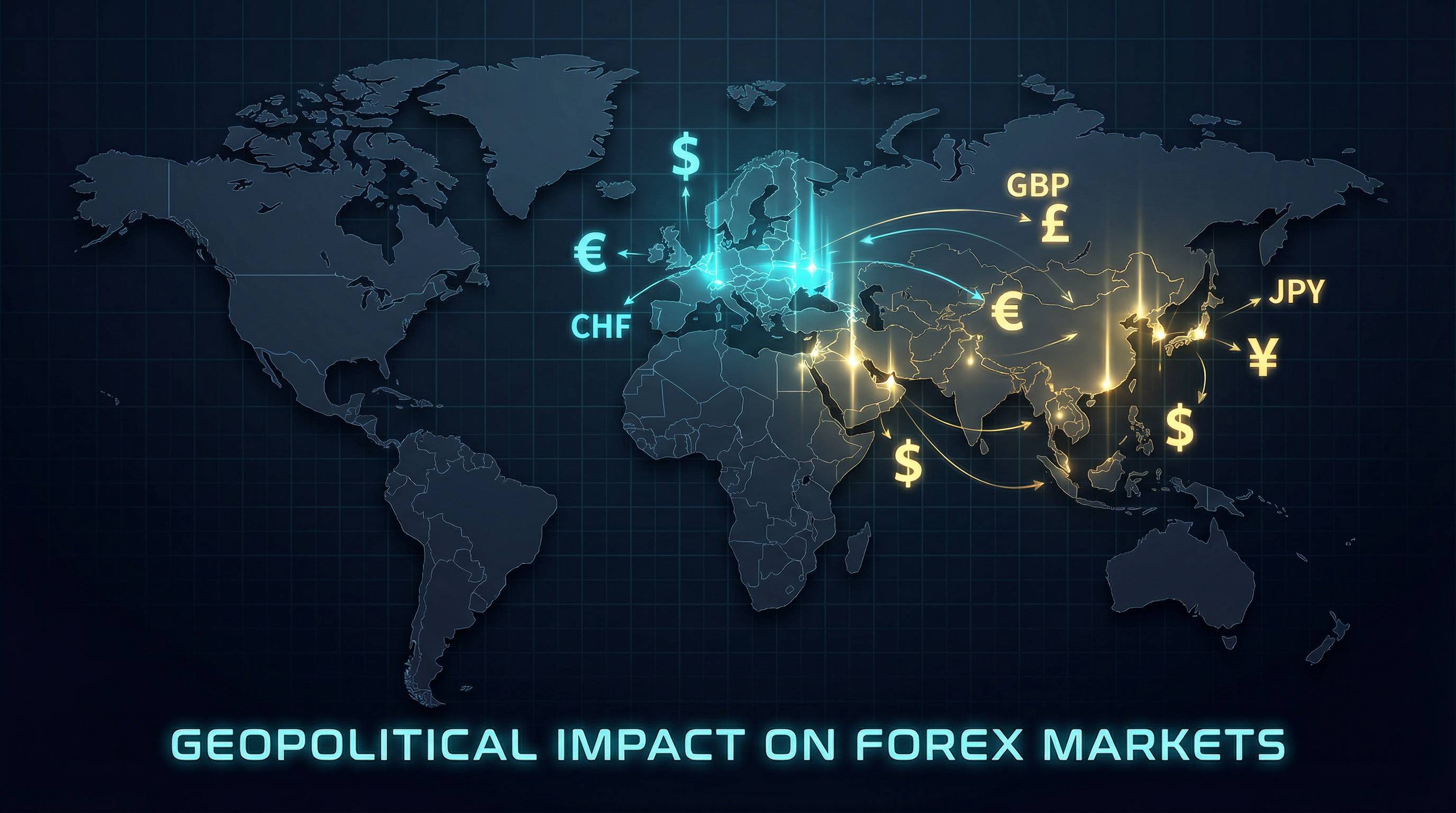 A world map with glowing points of conflict and currency symbols, representing the impact of geopolitics on forex.